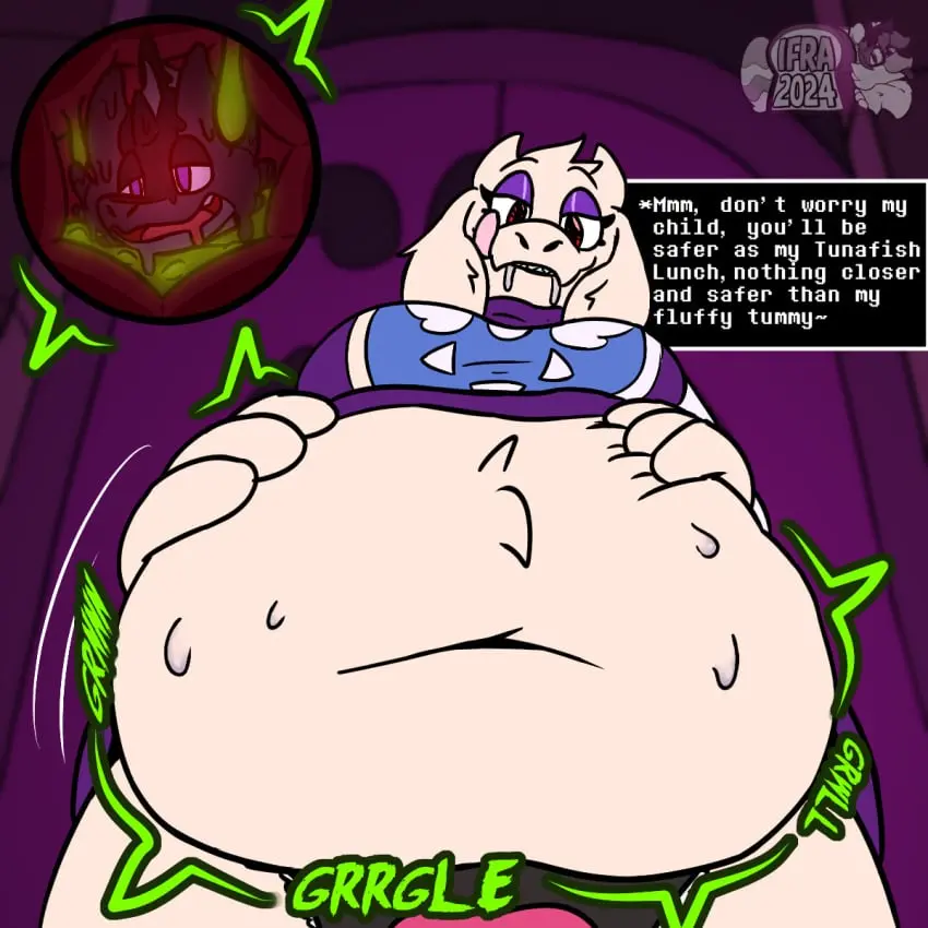 Image female,hi_res,mythology,mammal,fish,marine,scalie,bovid,hybrid,mythological_creature,dragon,mythological_scalie,caprine,goat,toriel,undertale_(series),vore,digestion,fatal_vore,boss_monster_(undertale),belly_focus,ifra,stomach_acid,melty_digestion