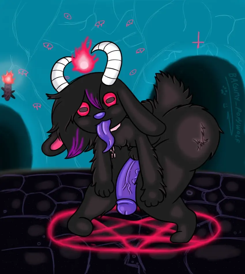 Image hi_res,red_eyes,solo,male,penis,tail,tongue,ass,big_butt,big_penis,thick_thighs,male_only,hair,anthro,veiny_penis,demon,presenting,fur,genitals,mammal,black_body,horn,white_horn,leash,long_ears,bovid,vein,fluffy,fluffy_chest,fluffy_tail,blue_penis,long_tongue,chains,chain_leash,fluffy_hair,caprine,floppy_ears,black_fur,caprine_demon,goat_demon,presenting_penis,pupils,symbol,cross,blue_tongue,horizontal_pupils,torch,pentagram,blue_nose,inverted_cross,occult_symbol,fluffy_arms,cavern,bagumy_awoo621,black_floor,fluffy_ass,inverted_pentagram