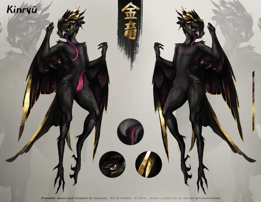 Image hi_res,solo,male,penis,tongue,feet,male_only,feathers,wings,anthro,text,absurd_res,genitals,yellow_body,black_body,purple_body,avian,japanese_text,toes,animal_genitalia,long_tongue,black_feathers,huge_filesize,genital_slit,model_sheet,tapering_penis,talons,yellow_feathers,purple_feathers,cjk_character,kinryu_(aeternum),liit_alles