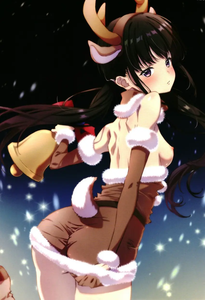 Image blush,breasts,female,highres,looking_at_viewer,nipples,no_bra,simple_background,solo,tail,ass,looking_back,small_breasts,horns,dress,skirt,closed_mouth,antlers,christmas,fake_antlers,reindeer_antlers,holding,microskirt,bell,fake_tail,brown_dress,non-web_source,shoulder_blades,deer_tail,inoue_takina,lycoris_recoil,dress_tug,izumi_mahiru,animal_costume,holding_bell,reindeer_costume