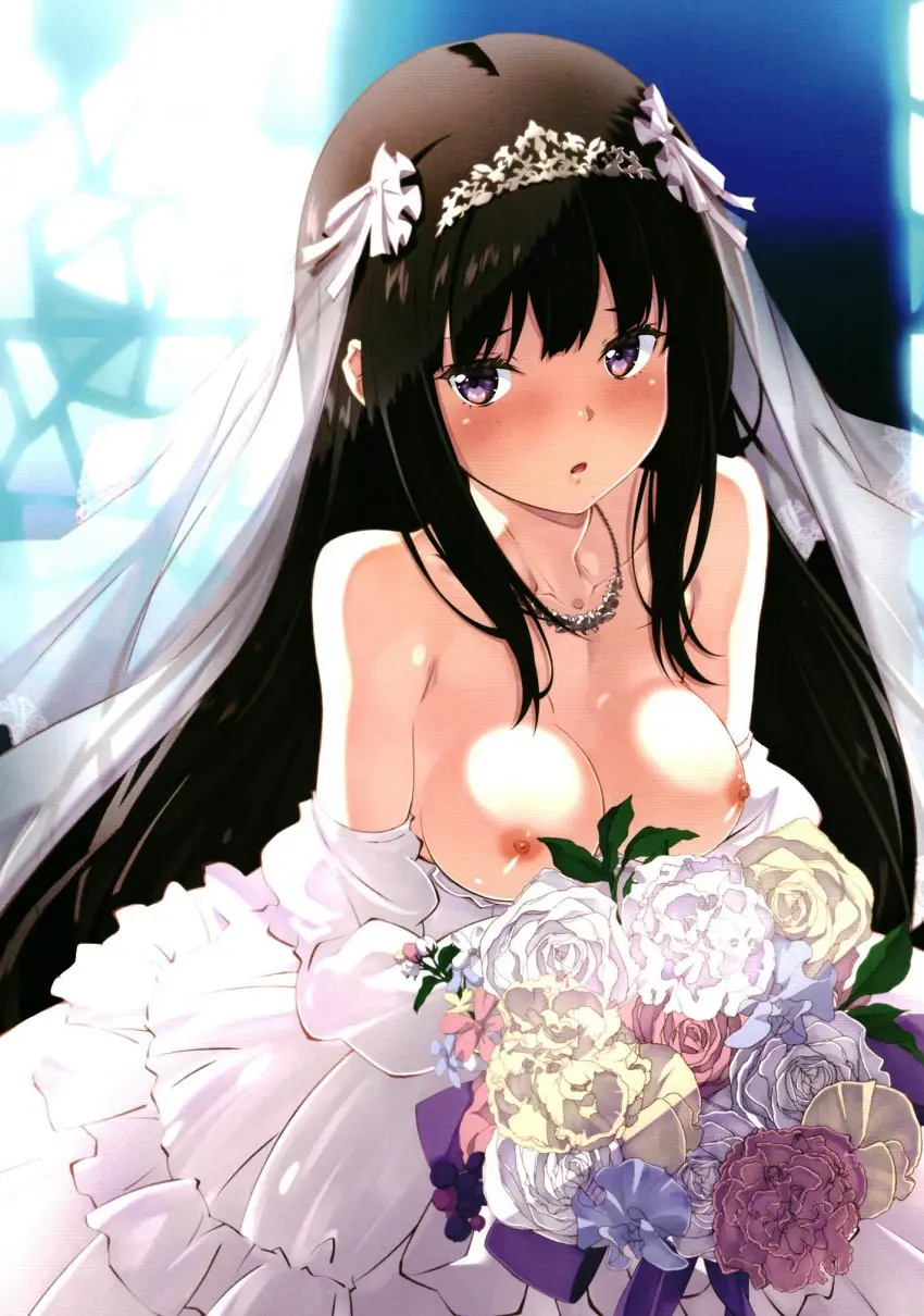 Image blush,breasts,breasts_out,female,highres,large_breasts,long_hair,looking_at_viewer,nipples,no_bra,open_mouth,solo,black_hair,boobs,tits,jewelry,solo_female,dress,purple_eyes,necklace,white_dress,wedding_dress,non-web_source,veil,bridal_veil,inoue_takina,lycoris_recoil,bouquet,izumi_mahiru