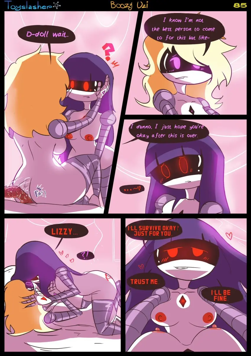 Image breasts,female,female_only,nipples,2girls,multiple_girls,nude,ass,nude_female,2d,text,blonde_hair,purple_hair,comic,dialogue,yuri,dildo,heart,2024,robot,robot_girl,page_number,mob_face,murder_drones,boozy_uzi,toyslasher,doll_(murder_drones),lizzy_(murder_drones),page_85