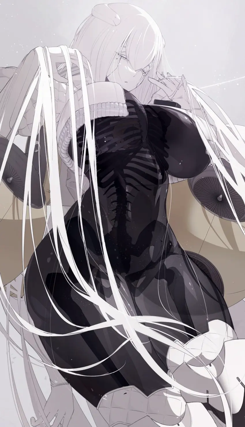 Image 1girls,big_breasts,breasts,breasts_out,female,female_only,large_breasts,looking_at_viewer,solo,very_long_hair,white_background,white_hair,navel,yellow_eyes,2021,ass,female_focus,thick_thighs,uncensored,white_skin,hair_over_one_eye,headwear,bare_midriff,bare_thighs,headgear,midriff,solo_female,hair,original,original_character,pale-skinned_female,pale_skin,holding_object,black_body,see-through,white_gloves,bottomless,ass_focus,bodysuit,ass_up,holding_weapon,navel_line,skeleton,robot_girl,gun,bare_ass,beauty_mark,inner_sideboob,wire,transparent_body,cord,visible_skeleton,gynoid,wires,see-through_body,eurika_(ub1mo),robotic_legs,short_jacket,ub1mo