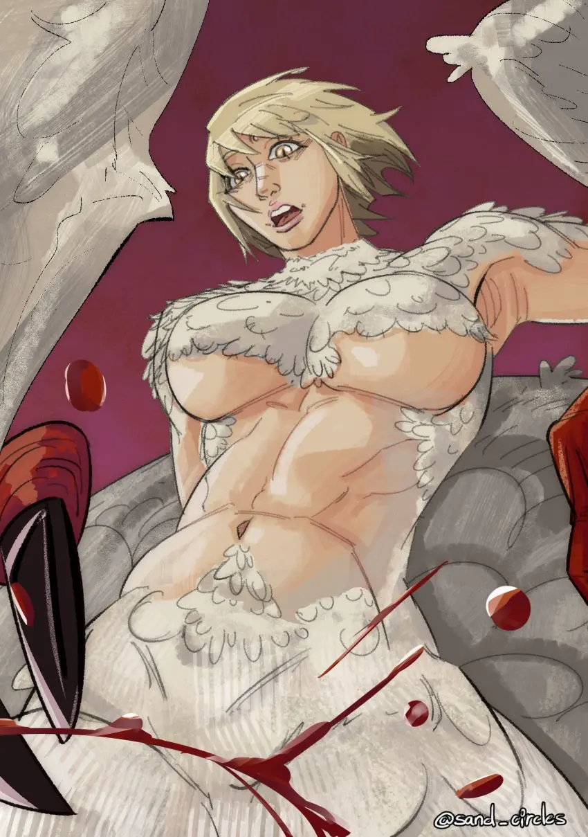 Image 1girls,breasts,female,light-skinned_female,light_skin,yellow_eyes,artist_name,underboob,feathers,wings,blonde_hair,busty,blood,fit,fit_female,claws,abs,dungeon_meshi,chimera,no_nipples,blood_splatter,taur,falin_touden,delicious_in_dungeon,falin_touden_(chimera),sand_circles