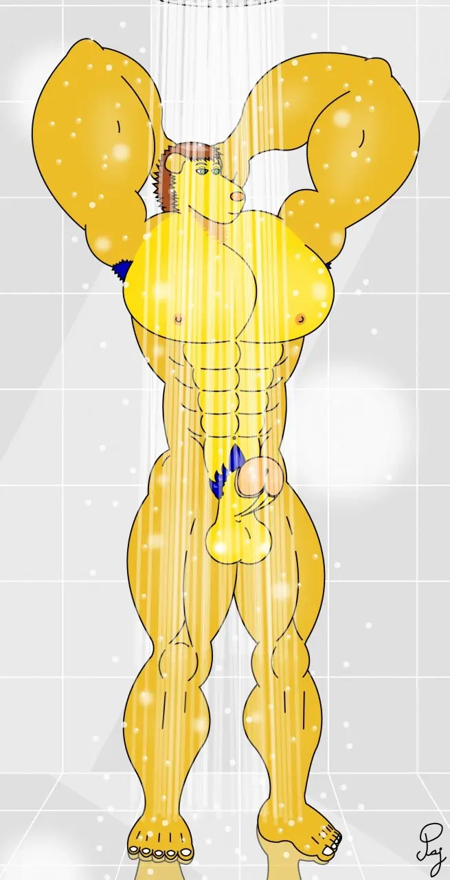 Image male,penis,water,male_only,balls,anthro,green_eyes,naked,brown_hair,canine,biceps,nudity,abs,muscles,big_pecs,yellow_penis,relaxing,blue_pubic_hair,shower,2016,naked_in_public,blue_armpit_hair,yellow_balls,gym_shower,mbs1,mbs1_(paj),musclefurrydogaaron,paj,public_shower,relaxation,sexydogaaron
