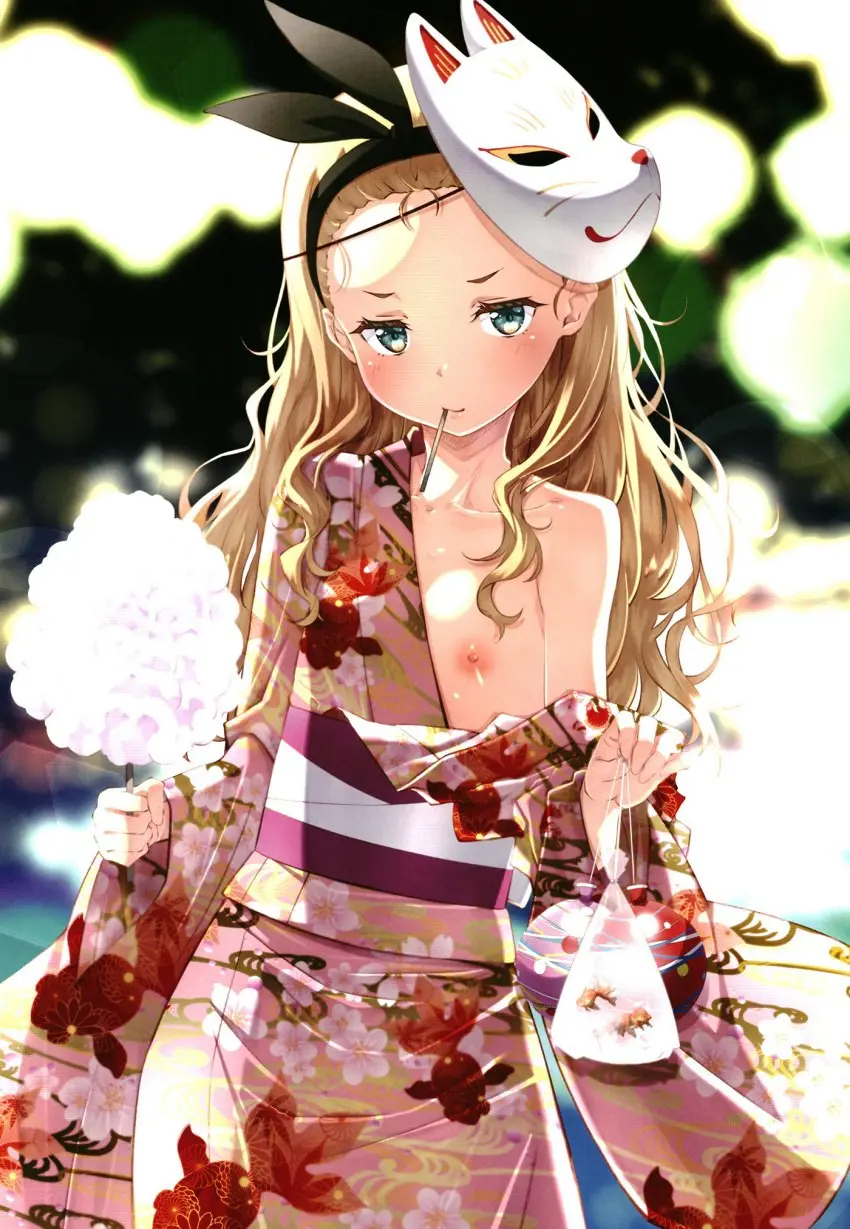 Image blush,breasts,female,highres,long_hair,looking_at_viewer,nipples,no_bra,smile,solo,small_breasts,blonde_hair,green_eyes,hair_ribbon,outdoors,ribbon,fish,kimono,yukata,one_breast_out,mask,japanese_clothes,bag,non-web_source,goldfish,lycoris_recoil,izumi_mahiru,kurumi_(lycoris_recoil),cotton_candy