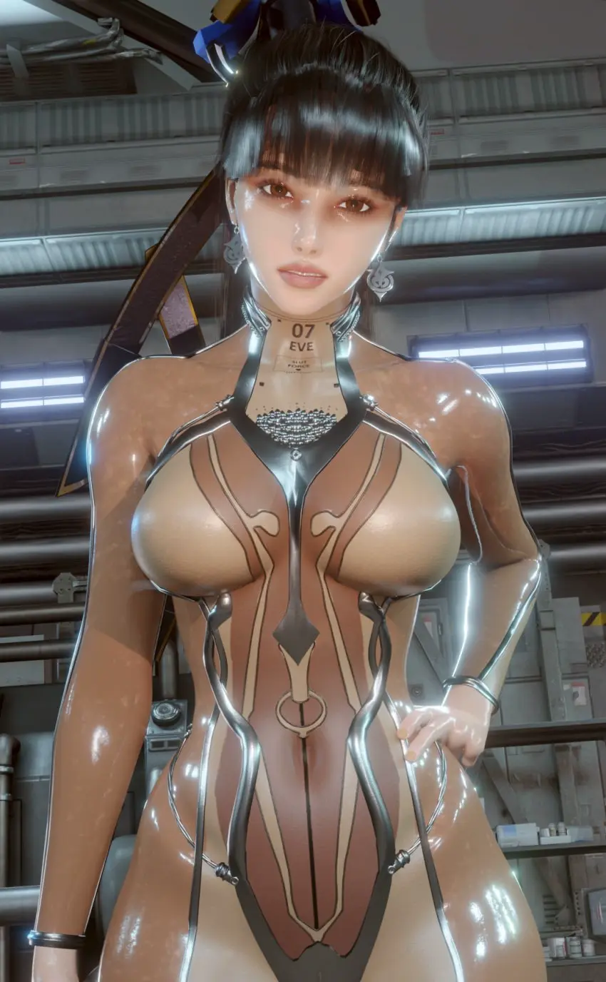 Image 1girls,big_breasts,breasts,brown_eyes,female,female_only,looking_at_viewer,solo,black_hair,earrings,voluptuous,ponytail,jewelry,shiny,thick,nail_polish,curvy,hand_on_hip,3d,blender,big_thighs,eve_(stellar_blade),stellar_blade,asian,asian_female,robot,robot_girl,yellow_nails,android,your__waifu,blender_eevee,skintight,skintight_bodysuit,transparent_latex