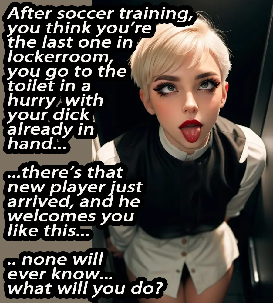 Image looking_at_viewer,male,ai_generated,crossdressing,sissy,eyelashes,gay,english_text,speech_bubble,locker_room,temptation,secret,soccer_player,tempting,anipit