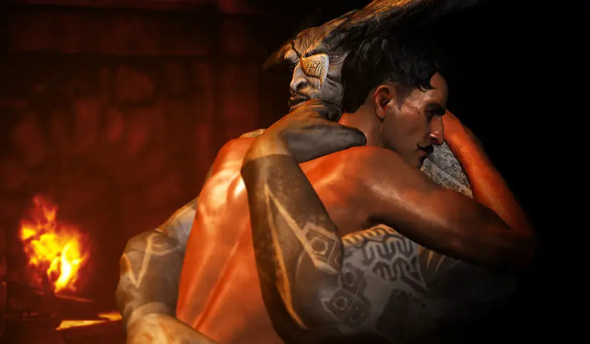 Image human, male, duo, dark-skinned_male, dark_skin, horns, 2boys, male/male, male_only, yaoi, tattoo, eyewear, anthro, canon_couple, couple, mole, closed_eyes, gay, dark_hair, 3d, bara, romantic, romantic_couple, grey_body, horn, arm_tattoo, 3d_model, video_games, gay_male, facial_hair, eyepatch, moustache, grey_skin, embrace, cuddling, beauty_mark, dorian_pavus, dragon_age, dragon_age_inquisition, mage, fireplace, qunari, embracing, iron_bull, pansexual_male, just-jasper