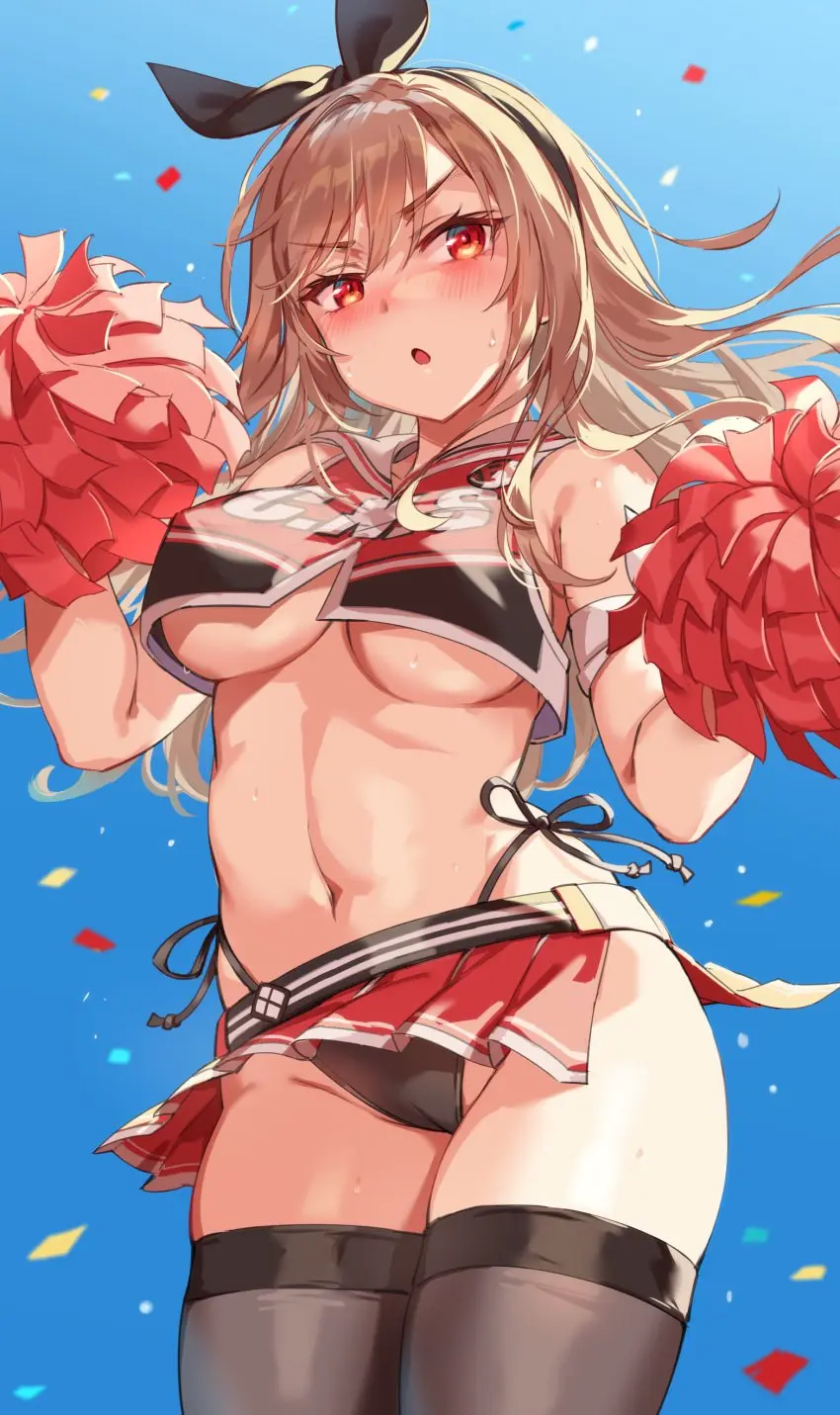 Image 1girls,blush,breasts,female,female_only,light-skinned_female,solo,thighhighs,panties,looking_away,midriff,underboob,cameltoe,miniskirt,skirt,furrowed_brow,revealing_clothes,goddess_of_victory:_nikke,sweaty,sunlight,cheerleader,pom_poms,pantyshot,panty_peek,midriff_baring_shirt,rapi_(nikke),mitcher_meier