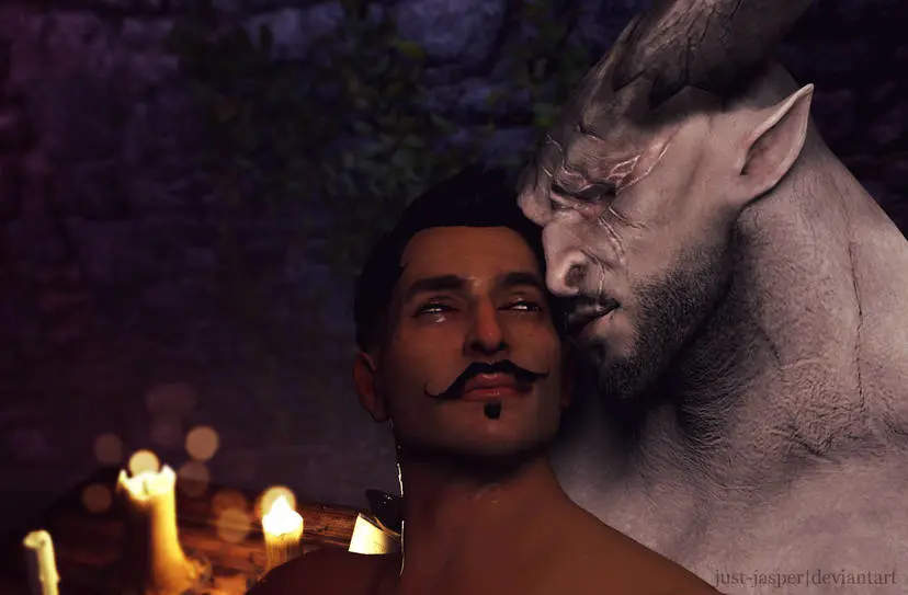 Image human,smile,male,duo,dark-skinned_male,dark_skin,smiling,horns,2boys,male/male,male_only,yaoi,anthro,pointy_ears,canon_couple,couple,mole,looking_at_partner,gay,dark_hair,3d,cute,bara,romantic,romantic_couple,grey_body,horn,looking_at_another,3d_model,video_games,scar,gay_male,facial_hair,moustache,grey_skin,candle,candlelight,candles,stubble,beard_stubble,beauty_mark,dorian_pavus,dragon_age,dragon_age_inquisition,mage,romantic_ambiance,missing_eye,qunari,iron_bull,pansexual_male,just-jasper