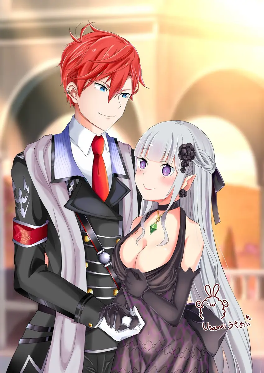 Image breasts,female,hair_ornament,light-skinned_female,light_skin,long_hair,male,flower_in_hair,medium_breasts,elf,pointy_ears,purple_eyes,re:zero_kara_hajimeru_isekai_seikatsu,elf_ears,elf_female,elf_girl,princess,silver_hair,royalty,half-elf,emilia_(re:zero),flower_ornament,reinhard_van_astrea