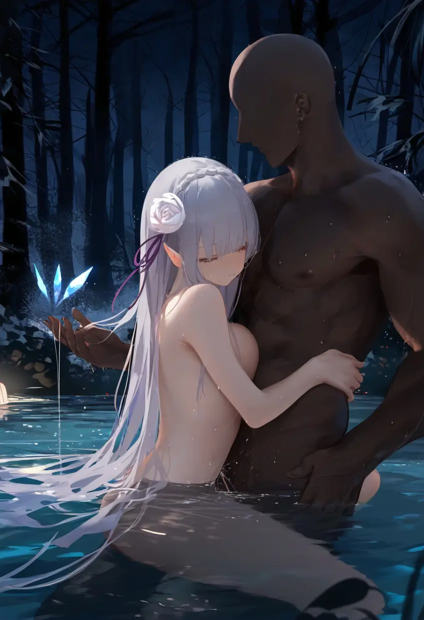 Image big_breasts,breasts,female,hair_ornament,light-skinned_female,light_skin,long_hair,very_long_hair,white_hair,male,dark-skinned_male,flower_in_hair,ai_generated,male/female,medium_breasts,elf,pointy_ears,purple_eyes,romantic,re:zero_kara_hajimeru_isekai_seikatsu,straddling,elf_ears,elf_female,elf_girl,princess,silver_hair,royalty,half-elf,emilia_(re:zero),flower_ornament
