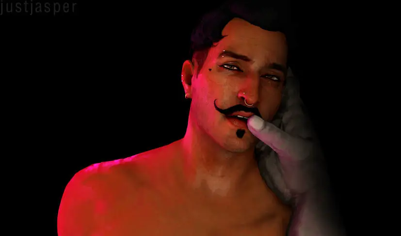 Image human,looking_at_viewer,open_mouth,male,earrings,seductive,seductive_look,duo,dark-skinned_male,dark_skin,2boys,male/male,male_only,yaoi,anthro,piercing,gay,dark_hair,3d,bara,grey_body,3d_model,video_games,fingers,gay_male,facial_hair,moustache,eyebrow_piercing,grey_skin,nose_piercing,finger_to_mouth,dorian_pavus,dragon_age,dragon_age_inquisition,mage,qunari,iron_bull,pansexual_male,just-jasper