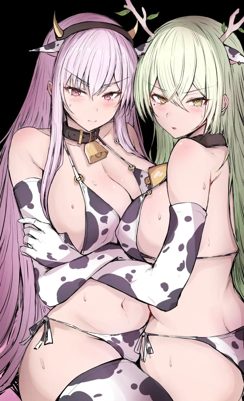 Image breasts,female,long_hair,virtual_youtuber,embarrassed,cleavage,pink_hair,hololive,green_hair,hololive_english,hololive_myth,hololive_english_-council-,hololive_english_-promise-,cowkini,mori_calliope,ceres_fauna,sakiya