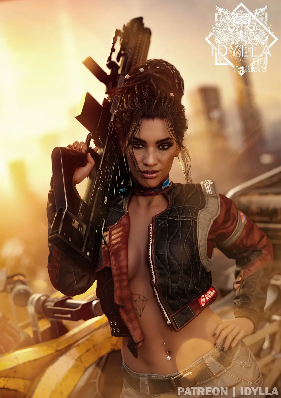 Image 1girls,breasts,brown_eyes,female,female_only,looking_at_viewer,solo,navel,choker,female_focus,wide_hips,solo_female,solo_focus,tattoo,brown_hair,hand_on_hip,3d,jacket,3d_(artwork),cyberpunk_(series),cyberpunk_2077,abs,navel_piercing,detailed_background,jeans,idylla,rifle,cd_projekt_red,panam_palmer,trigger_discipline