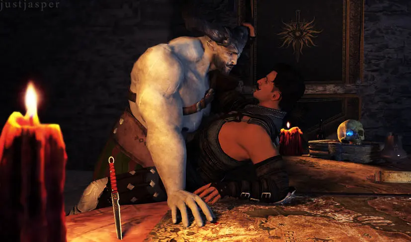 Image clothed,clothing,human,nipples,male,duo,dark-skinned_male,dark_skin,muscular,muscular_male,horns,2boys,male/male,male_only,yaoi,artist_name,anthro,pointy_ears,canon_couple,couple,on_table,looking_at_partner,gay,dark_hair,bara,grey_body,artist_signature,biceps,pecs,horn,looking_at_another,video_games,scar,scars,table,horny,skull,muscles,frottage,gay_male,facial_hair,clothed_male,moustache,grey_skin,candle,candlelight,candles,stubble,beard_stubble,sexually_suggestive,dagger,dorian_pavus,dragon_age,dragon_age_inquisition,mage,horn_grab,qunari,map,iron_bull,pansexual_male,just-jasper