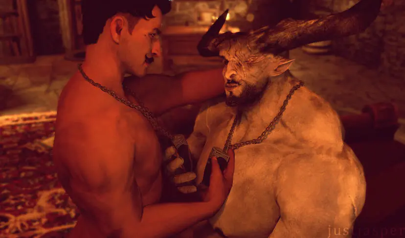 Image human,nipples,male,duo,dark-skinned_male,dark_skin,muscular,muscular_male,horns,2boys,male/male,male_only,yaoi,artist_name,anthro,canon_couple,couple,mole,looking_at_partner,necklace,gay,dark_hair,3d,bara,bedroom,grey_body,artist_signature,horn,looking_at_another,3d_model,video_games,scar,scars,beard,muscles,gay_male,facial_hair,moustache,grey_skin,candlelight,beauty_mark,pendant,dorian_pavus,dragon_age,dragon_age_inquisition,mage,rug,missing_eye,qunari,iron_bull,pansexual_male,just-jasper