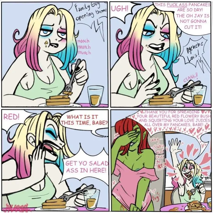 Image blush,female,female_only,nipples,2girls,heart-shaped_pupils,sweat,areolae,pussy_juice,comic,dialogue,yuri,bottomless,heart,makeup,dc,dc_comics,female/female,pussy_juice_drip,speech_bubble,bottomless_female,nipple_slip,harley_quinn,eating,poison_ivy,pancake,impmussa,mussa