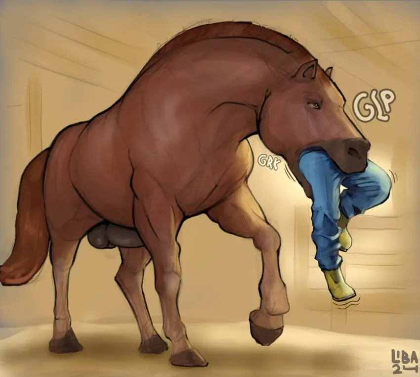 Image clothed,clothing,human,pants,simple_background,standing,male,nude,penis,short_hair,colored,duo,erection,muscular,muscular_male,watermark,male_only,digital_drawing_(artwork),digital_media_(artwork),shaded,balls,hair,size_difference,text,brown_hair,ambiguous_gender,restrained,realistic,footwear,fur,genitals,inside,low-angle_view,mammal,sound_effects,detailed,forced,interspecies,swallowing,2024,brown_fur,fully_clothed,boots,animal_genitalia,animal_penis,hooves,brown_body,feral,larger_male,equine_genitalia,equid,equine,horse,quadruped,denim,jeans,equine_penis,bottomwear,onomatopoeia,vore,struggling,mane,stable,farmer,barn,eating,three-quarter_view,farm,larger_pred,sequence,smaller_prey,unwilling_prey,partially_inside,human_prey,male/ambiguous,oral_vore,larger_feral,smaller_human,soft_vore,feral_pred,denim_bottomwear,denim_clothing,struggling_prey,muscular_feral,draft_horse,guide_lines,swallowing_sound_effect,realistic_feral,body_in_mouth,cj_(libahuntv),horse_pred,libahuntv