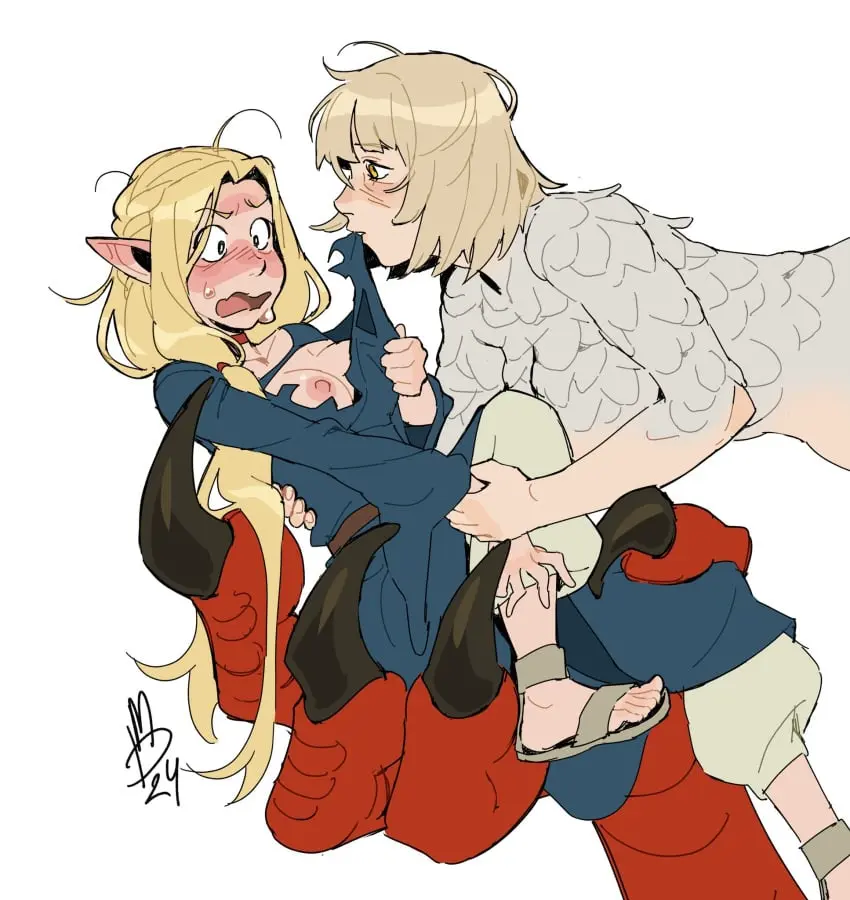 Image blush,breasts,female,female_only,highres,large_breasts,long_hair,nipples,open_mouth,simple_background,white_background,2girls,absurdres,licking,multiple_girls,short_hair,sweat,blonde_hair,elf,pointy_ears,saliva,yuri,breast_sucking,nipple_stimulation,elf_ears,elf_female,fanon_couple,dungeon_meshi,marcille_donato,ripped_clothing,taur,falin_touden,licking_nipple,licking_breast,falin_touden_(chimera),mildough,mmmmuda