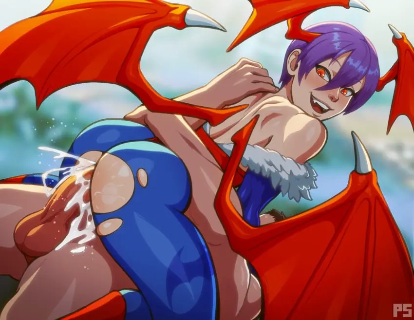 Image 1girls,clothing,female,looking_at_viewer,red_eyes,1boy,cum,male,nude,ass,female_focus,looking_back,sex,muscular,muscular_male,clothed_female,wings,nude_male,alternate_version_available,purple_hair,medium_hair,demon_wings,cumshot,leotard,flat_chest,flat_chested,pumpkinsinclair,pantyhose,thigh_grab,darkstalkers,succubus,clothed_female_nude_male,muscles,capcom,head_wings,very_high_resolution,bat_print,lilith_aensland,blue_pantyhose,demitri_maximoff