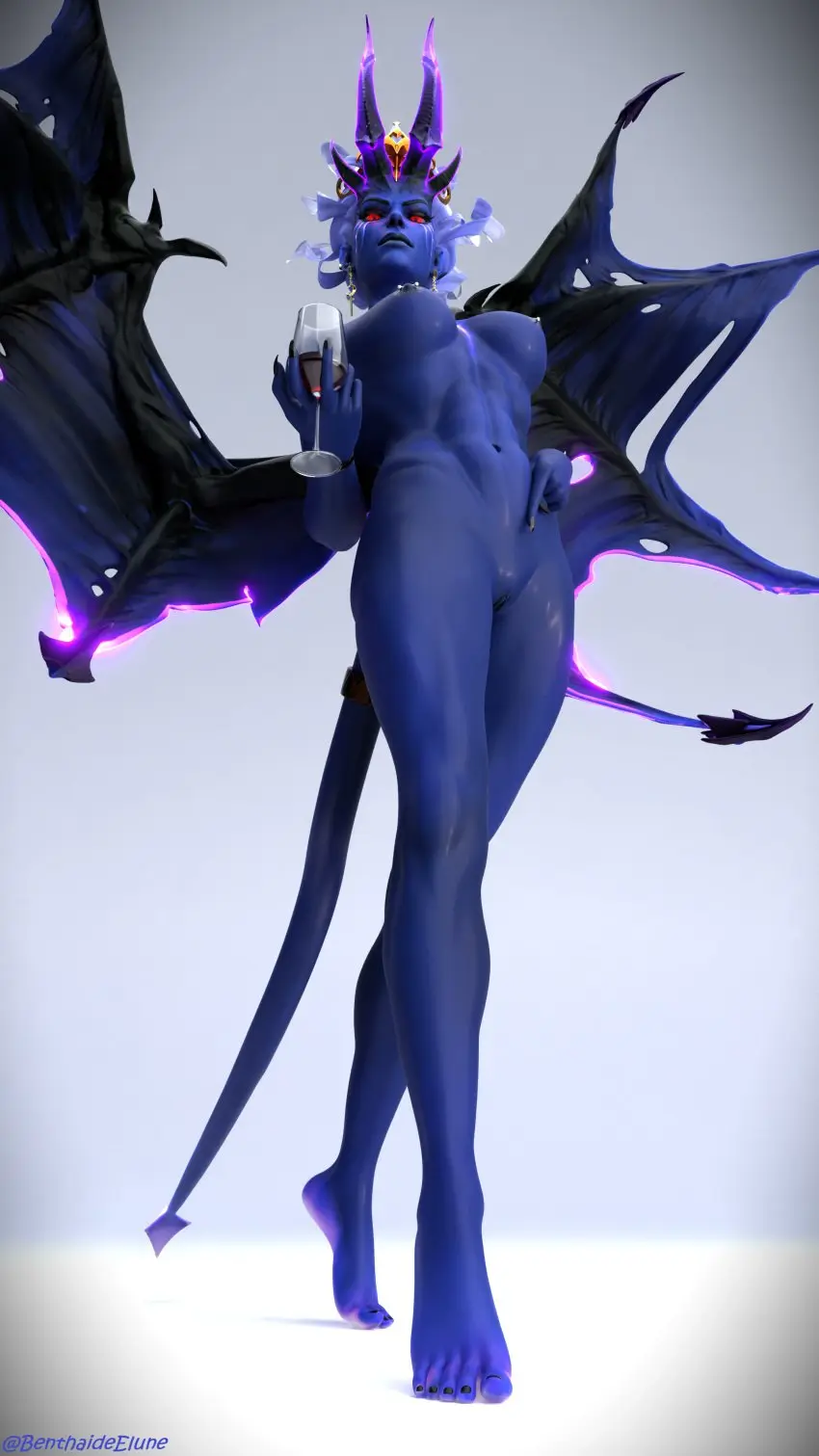 Image 1girls,breasts,female,red_eyes,white_hair,pussy,muscular,feet,horns,wings,tagme,3d,blender,3d_(artwork),nipple_piercing,abs,muscular_female,black_nails,foot_focus,blue_skin,dota_2,queen_of_pain,benthaideelune,glass_of_wine