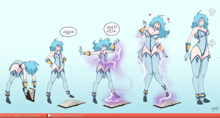 Image 1girls,clothed,clothing,female,female_only,blue_hair,color,text,purple_eyes,magic,spell,breast_expansion,sequence,age_progression,marrazan