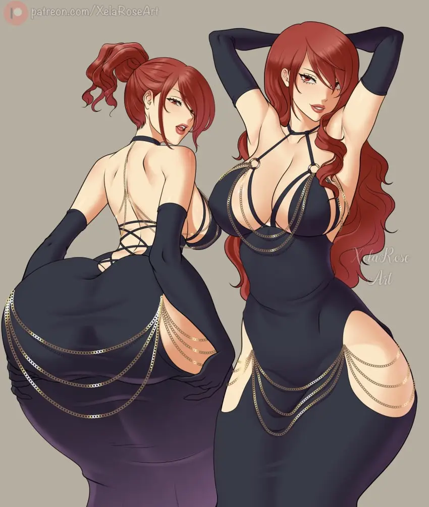 Image 1girls, big_breasts, breasts, female, female_only, highres, large_breasts, long_hair, looking_at_viewer, open_mouth, red_eyes, simple_background, smile, standing, black_gloves, elbow_gloves, gloves, red_hair, ass, big_ass, big_butt, huge_ass, seductive_smile, thick_thighs, thighs, ponytail, wide_hips, patreon_username, armpits, arms_behind_head, arms_up, bare_shoulders, cleavage, collarbone, from_behind, dress, light_blush, black_dress, alternate_costume, multiple_views, ass_focus, grey_background, large_ass, persona, o-ring, chains, halterneck, taut_clothes, alternate_hairstyle, megami_tensei, meme_attire, modakawa_dress, commentary, patreon_logo, foreshortening, english_commentary, ass_bigger_than_head, tight_clothes, tight_dress, persona_3, gold_chain, hair_over_shoulder, backless_outfit, shoulder_blades, mitsuru_kirijo, backless_dress, hip_vent, hands_on_own_ass, low_neckline, criss-cross_back-straps, halter_dress, taut_dress, xelaroseart