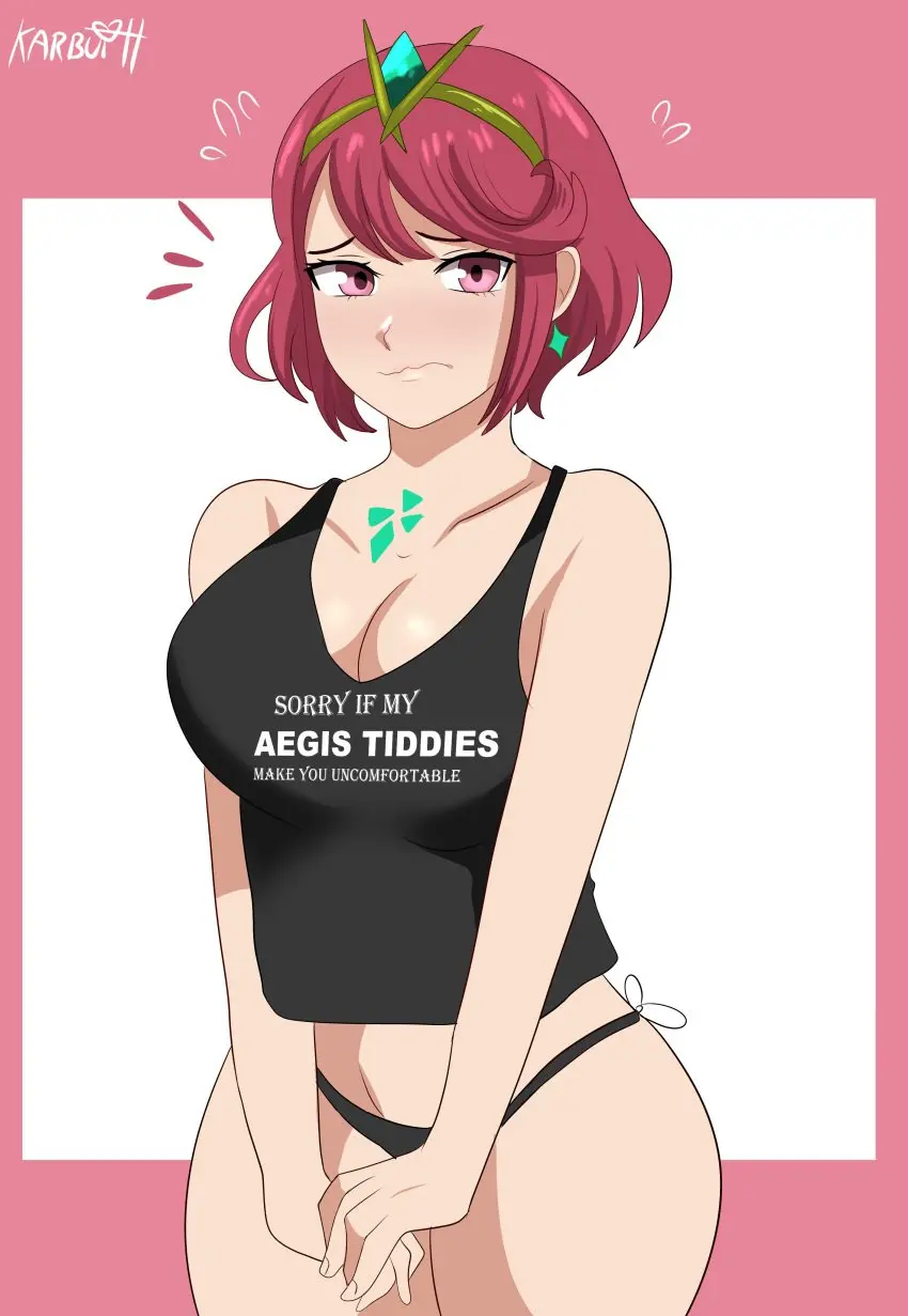 Image 1girls,blush,breasts,female,light-skinned_female,light_skin,red_eyes,short_hair,red_hair,panties,huge_breasts,nintendo,core_crystal,pyra,xenoblade_(series),xenoblade_chronicles_2,english_text,tank_top,text_on_clothing,karbuitt