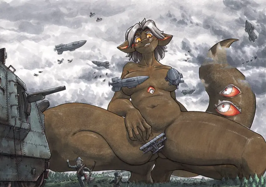 Image breasts,female,hi_res,nipples,solo,white_hair,nude,pussy,yellow_eyes,areola,hair,size_difference,anthro,absurd_res,genitals,non-mammal_breasts,5_fingers,2024,biped,reptile,scalie,outside,tree,fingers,weapon,forest,plant,hybrid,brown_body,detailed_background,ranged_weapon,white_eyes,macro,vehicle,traditional_media_(artwork),extreme_size_difference,gun,lizard,red_sclera,convenient_censorship,rifle,aircraft,airplane,tank,airship,ewgengster_(artist),eye_on_tail,tail_eye,world_war_1