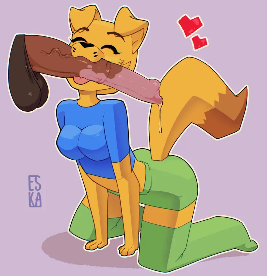 Image clothed,clothing,female,hi_res,shirt,male,penis,tail,duo,kneeling,happy,balls,anthro,absurd_res,socks,genital_fluids,skirt,bodily_fluids,canid,canine,footwear,fur,genitals,mammal,precum,yellow_body,yellow_fur,animal_genitalia,animal_penis,topwear,horsecock,equine_genitalia,equid,equine,roblox,equine_penis,bottomwear,brown_penis,penis_in_mouth,oblivious,blocky_body,noob,penis_on_tongue,katerezonate,woofette