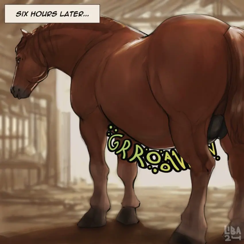 Image hi_res,smile,solo,standing,male,nude,penis,short_hair,colored,erection,watermark,male_only,belly,digital_drawing_(artwork),digital_media_(artwork),shaded,solo_focus,balls,hair,size_difference,text,brown_hair,ambiguous_gender,smug,realistic,fur,genitals,inside,low-angle_view,mammal,rear_view,sound_effects,stomach_bulge,detailed,interspecies,2024,smirk,brown_fur,animal_genitalia,animal_penis,hooves,brown_body,detailed_background,feral,larger_male,equine_genitalia,equid,equine,horse,equine_penis,time_skip,onomatopoeia,male_pred,vore,smug_face,digestion,digestion_noises,fatal,fatal_vore,mane,stable,barn,three-quarter_view,farm,ambiguous_prey,larger_pred,sequence,smaller_prey,oral_vore,larger_feral,feral_pred,rumbling_stomach,death,digestion_sequence,side_eye,draft_horse,bloated,indigestion,guide_lines,realistic_feral,cj_(libahuntv),horse_pred,libahuntv