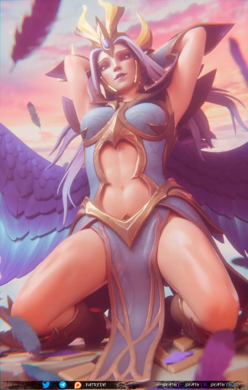 Image female,female_only,looking_at_viewer,white_hair,female_focus,thighs,armpits,arms_behind_head,belly,feathered_wings,feathers,wings,cloud,3d,blender,armor,clouds,blender_(software),armored_female,blender_cycles,dota_2,vengeful_spirit,deathy