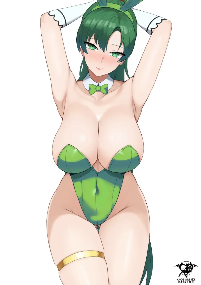 Image 1girls, big_breasts, bow, breasts, female, female_only, highres, large_breasts, solo, big_ass, thighs, wide_hips, arms_up, cleavage, green_hairband, hairband, green_eyes, curvy, nintendo, green_hair, closed_mouth, fire_emblem, leotard, high_ponytail, highleg, highleg_leotard, bowtie, green_leotard, green_bow, lyn_(fire_emblem), fire_emblem:_the_blazing_blade, kaos_art, thighlet, lyndis_(fire_emblem), green_bowtie