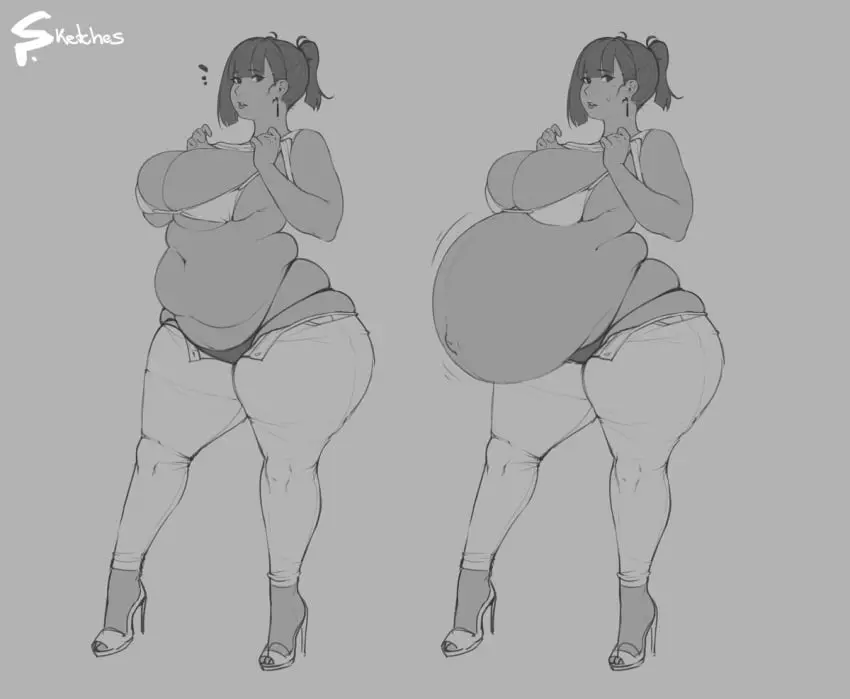 Image 1girls,big_breasts,breasts,clothed,clothing,female,female_only,navel,panties,earrings,thick_thighs,big_belly,outie_navel,pregnant,fat_ass,monochrome,heels,high_heels,chubby,fat,love_handles,plump,unbuttoned,wardrobe_malfunction,bloated_belly,unbuttoned_pants,muffin_top,spellsx