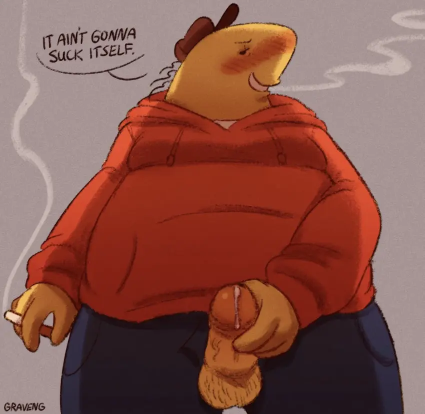 Image blush,solo,1boy,male,penis,male_only,grin,balls,veiny_penis,pov,precum,dialogue,precum_drip,speech,male_focus,solo_male,speech_bubble,hoodie,blush_lines,toony,smoke,blushing,smoking,smug_face,holding_penis,leaking_precum,grinding,smug_grin,imminent_oral,dialogue_bubble,hairy_balls,below_view,bottom_view,smiling_friends,orange_hoodie,holding_cigarette,one-handed_masturbation,charlie_(smiling_friends),graveng