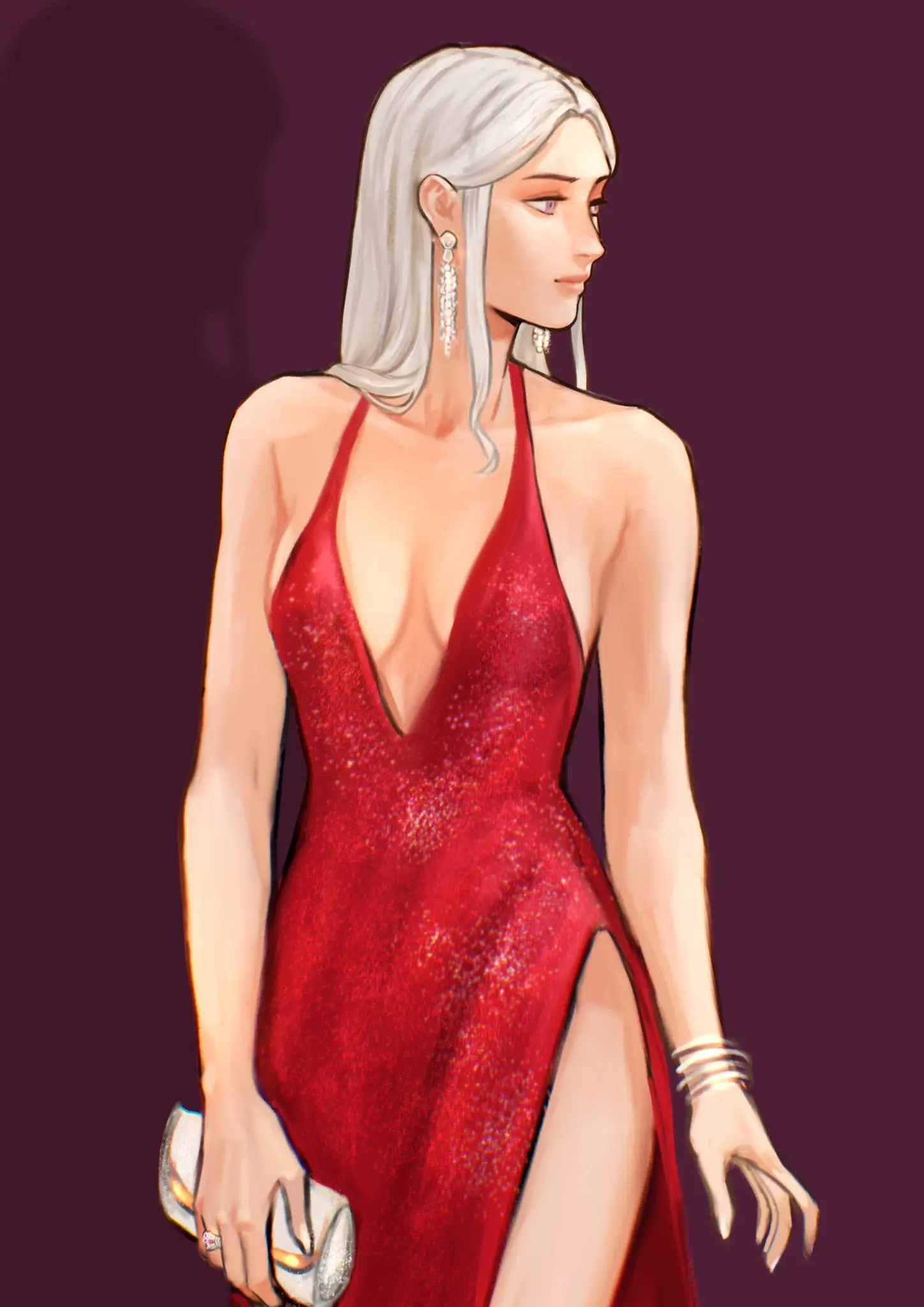 Image 1girls,breasts,clothing,female,highres,light-skinned_female,light_skin,long_hair,simple_background,smile,solo,white_hair,earrings,thighs,wide_hips,bare_shoulders,cleavage,collarbone,jewelry,shadow,legs,dress,lips,purple_eyes,curvy,nintendo,sleeveless_dress,closed_mouth,red_dress,sleeveless,alternate_costume,holding,bracelet,fire_emblem,fire_emblem:_three_houses,small_waist,legs_together,ring,commission,edelgard_von_hresvelg,purple_background,pink_lips,bag,cocktail_dress,purse,handbag,center_opening,holding_bag,white_bag,low_neckline,formal,sethkiel