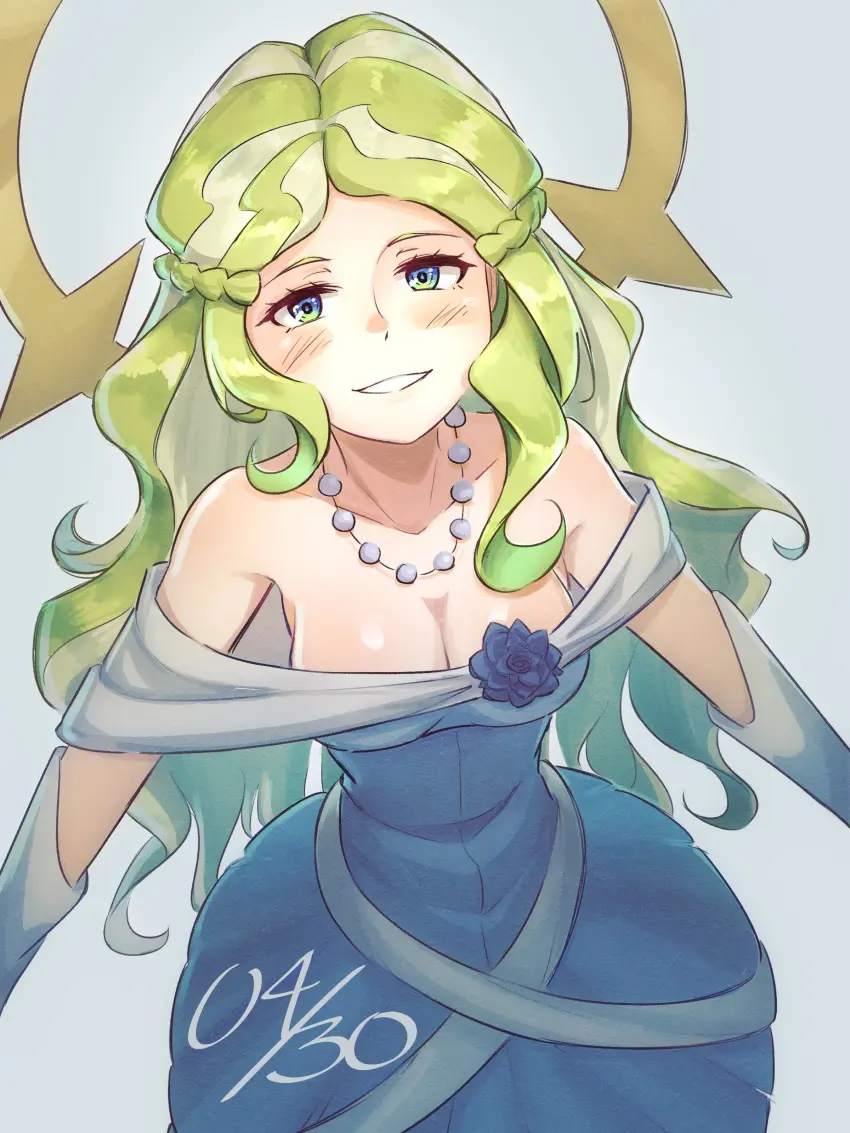 Image 1girls,female,light-skinned_female,light_skin,smiling,bare_shoulders,cleavage,blonde_hair,dress,busty,flower,pearl_necklace,little_witch_academia,birthday_girl,madabauillust,diana_cavendish,blue_and_green_eyes