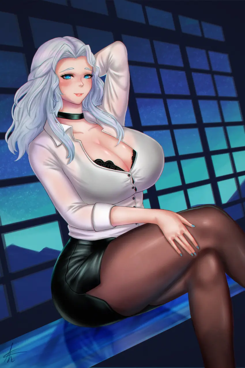 Image big_breasts,breasts,female,female_only,white_hair,blue_eyes,skirt,final_fantasy_xiv,pantyhose,crossed_legs,translucent_clothing,office_lady,black_skirt,hydaelyn,venat_(ffxiv),fishsaucekaiser