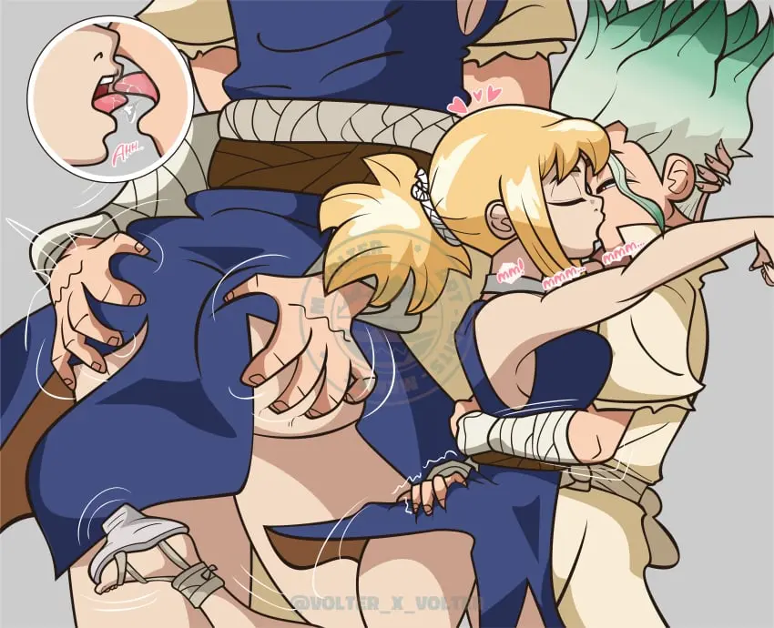 Image 1girls,big_breasts,breasts,female,1boy,male,tongue,ass,big_ass,huge_ass,blonde_hair,ass_grab,kissing,ass_up,sandals,dr.stone,kohaku_(dr.stone),ishigami_senku,senku_(dr.stone),volter_x_volter
