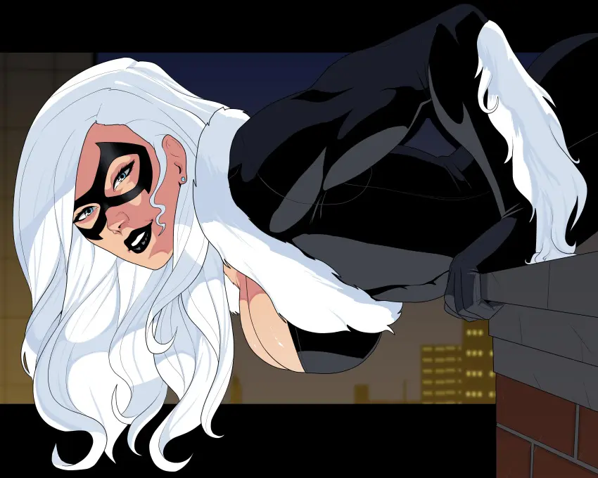 Image 1girls,breasts,female,light-skinned_female,light_skin,white_hair,blue_eyes,earrings,cleavage,busty,leaning_forward,white_fur,marvel,marvel_comics,mask,black_lipstick,spider-man_(series),black_cat_(marvel),felicia_hardy,black_outfit,dylan_macri