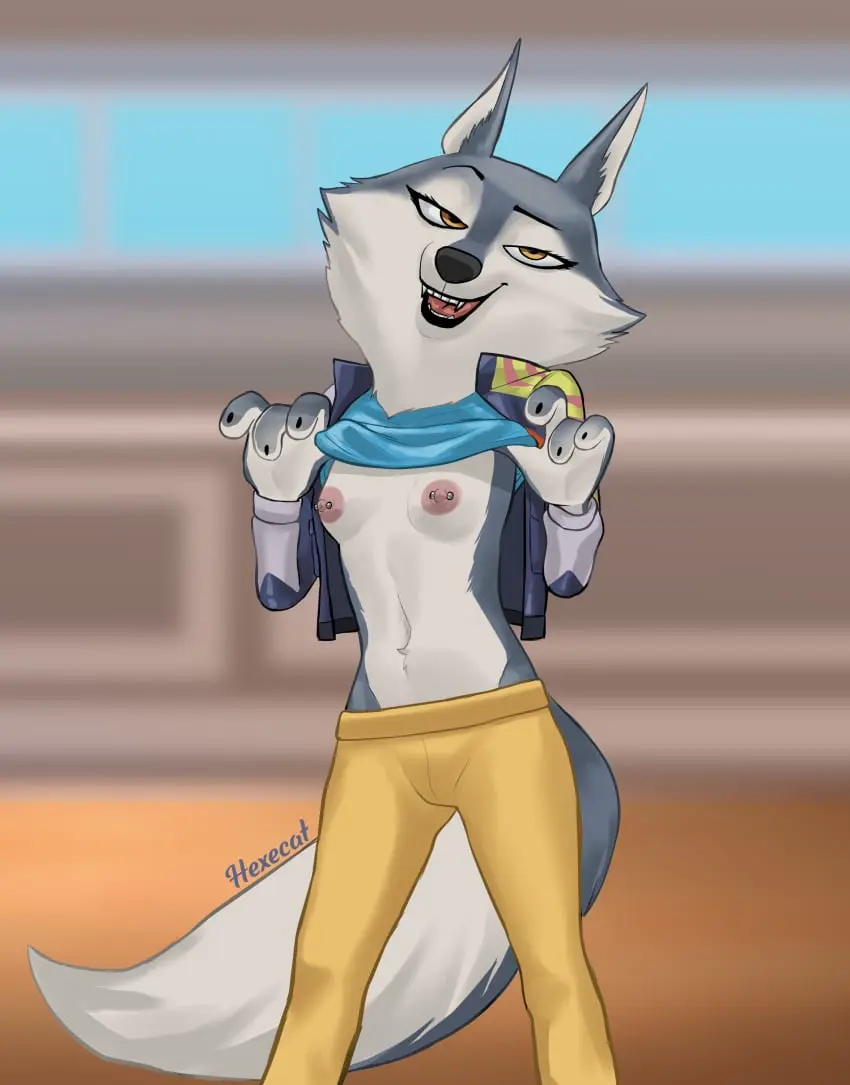 Image female,hi_res,nipples,solo,anthro,piercing,slim,absurd_res,canid,canine,canis,mammal,wolf,nipple_piercing,flashing,flashing_breasts,illumination_entertainment,porsha_crystal,sing_(movie),hexecat