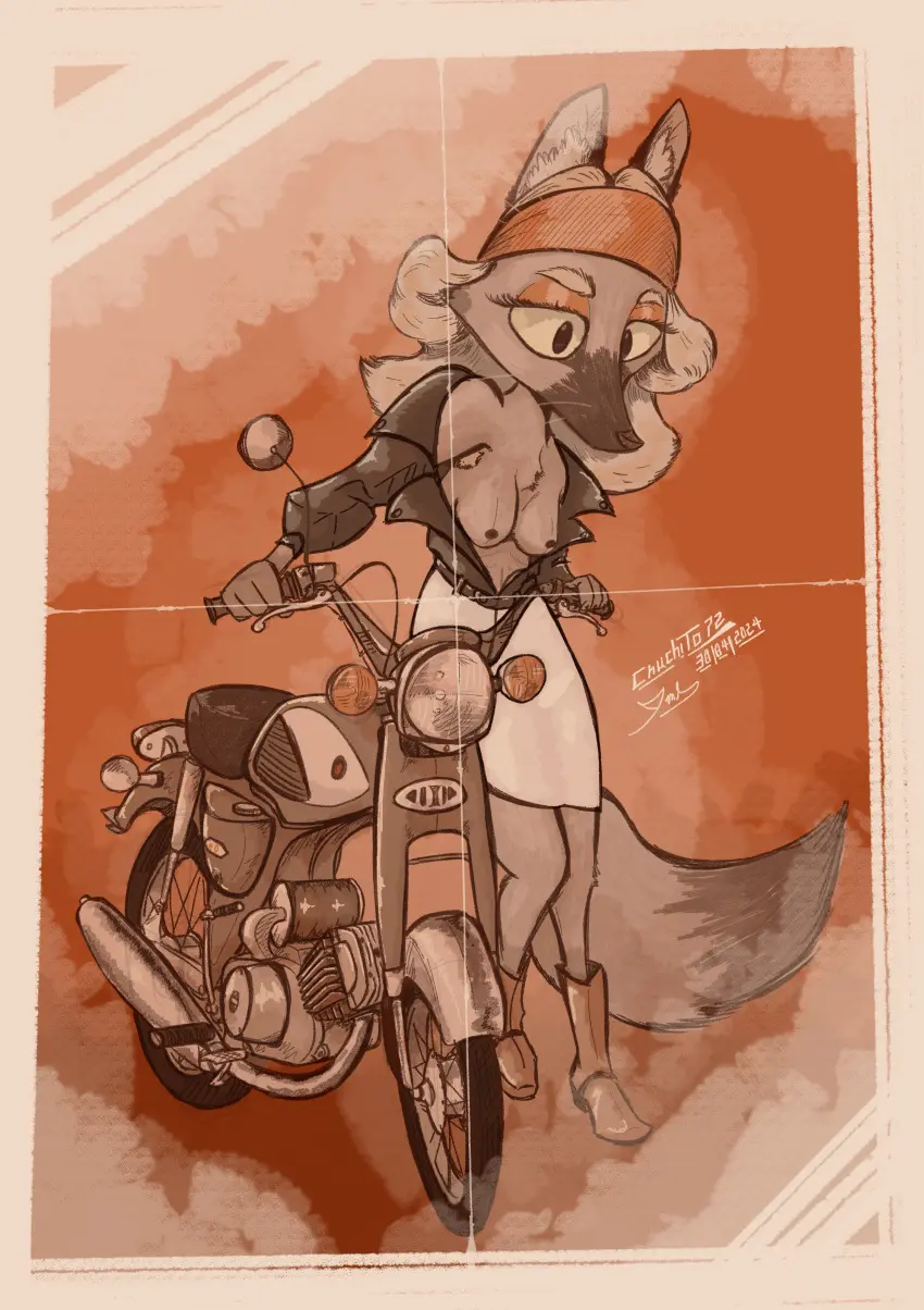 Image breasts,clothed,clothing,exposed_breasts,female,hi_res,solo,furry,hair,absurd_res,skirt,canid,canine,footwear,mammal,jacket,boots,fox,topwear,bottomwear,open_clothing,vehicle,open_topwear,motorcycle,chuchito72,suzuki
