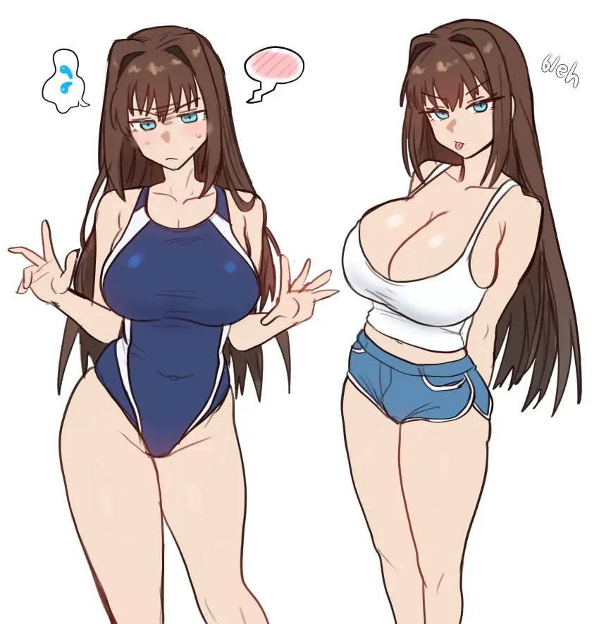 Image 1girls,breasts,female,light-skinned_female,light_skin,long_hair,looking_at_viewer,simple_background,blue_eyes,thick_thighs,wide_hips,huge_breasts,one-piece_swimsuit,swimsuit,brown_hair,mahou_tsukai_no_yoru,ebora,youngmanisdown,aozaki_aoko
