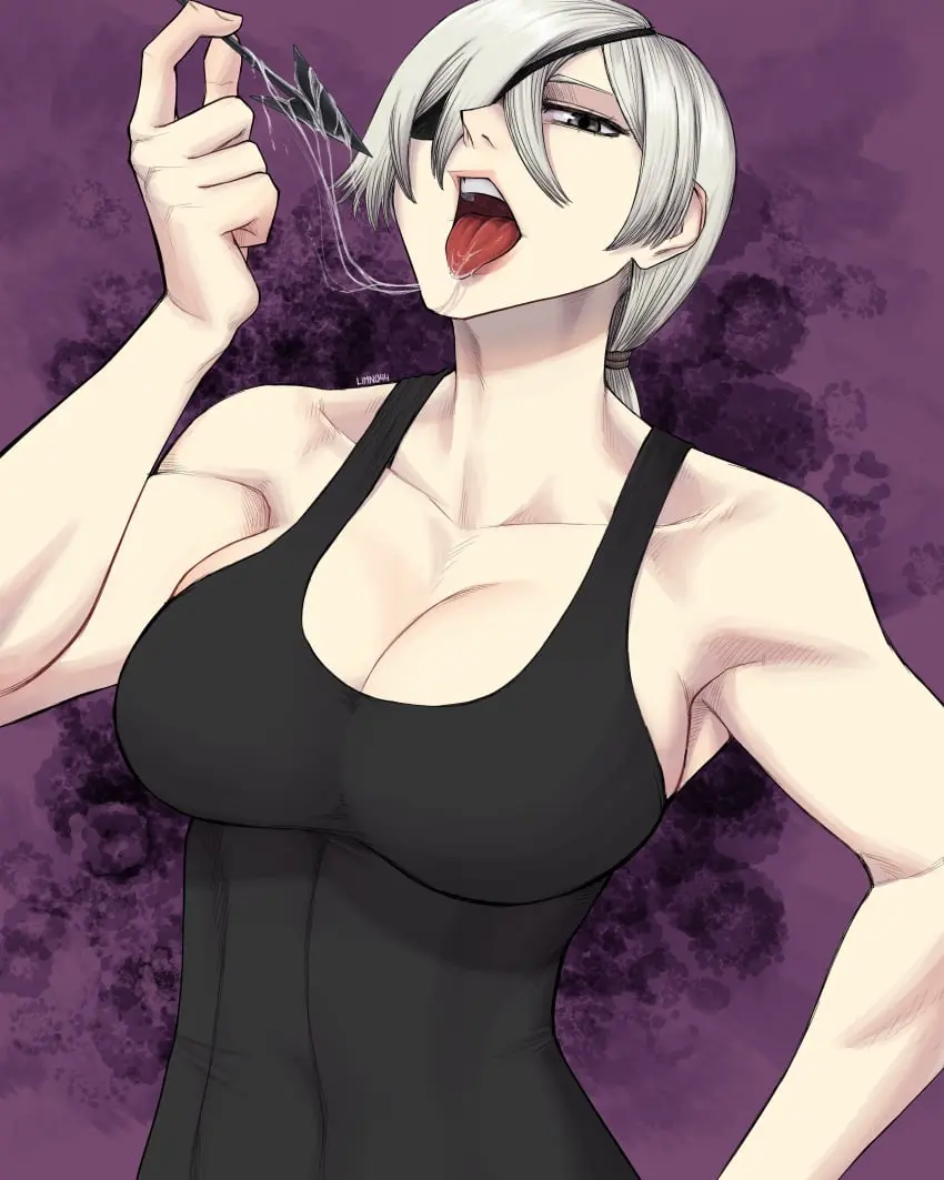 Image 1girls,big_breasts,breasts,female,looking_at_viewer,white_hair,tongue_out,ponytail,muscular,cleavage,sideboob,solo_focus,saliva,abs,muscular_female,saliva_trail,tank_top,chainsaw_man,eyepatch,quanxi_(chainsaw_man),limn044