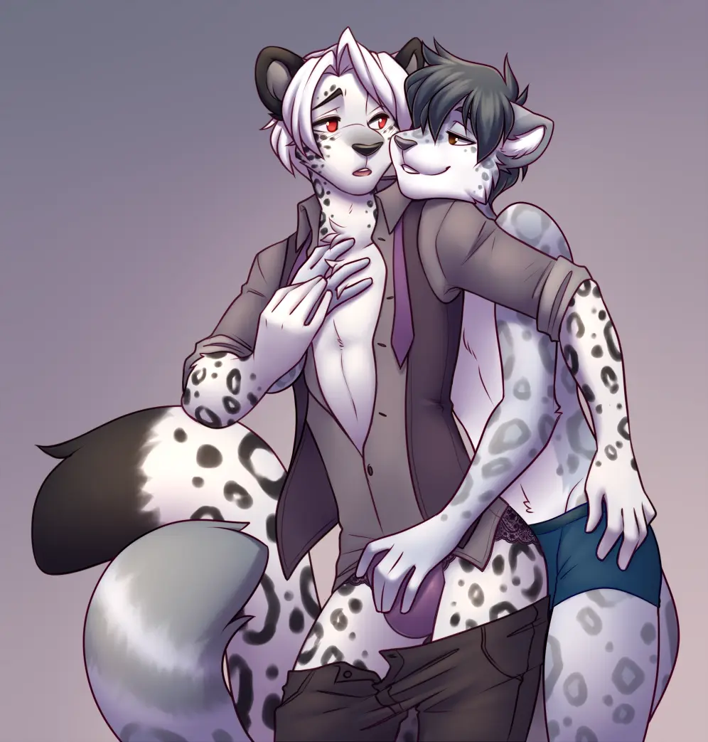 Image clothed,clothing,red_eyes,black_hair,male,tail,black_tail,underwear,duo,femboy,male/male,hair,anthro,romantic,fur,grey_body,grey_fur,mammal,looking_at_another,partially_clothed,black_nose,2024,white_body,markings,dipstick_tail,tail_markings,white_fur,felid,pantherine,snow_leopard,spots,spotted_body,spotted_fur,boxer_briefs,black_spots,grey_ears,hand_on_chest,bulge_grab,lockworkorange