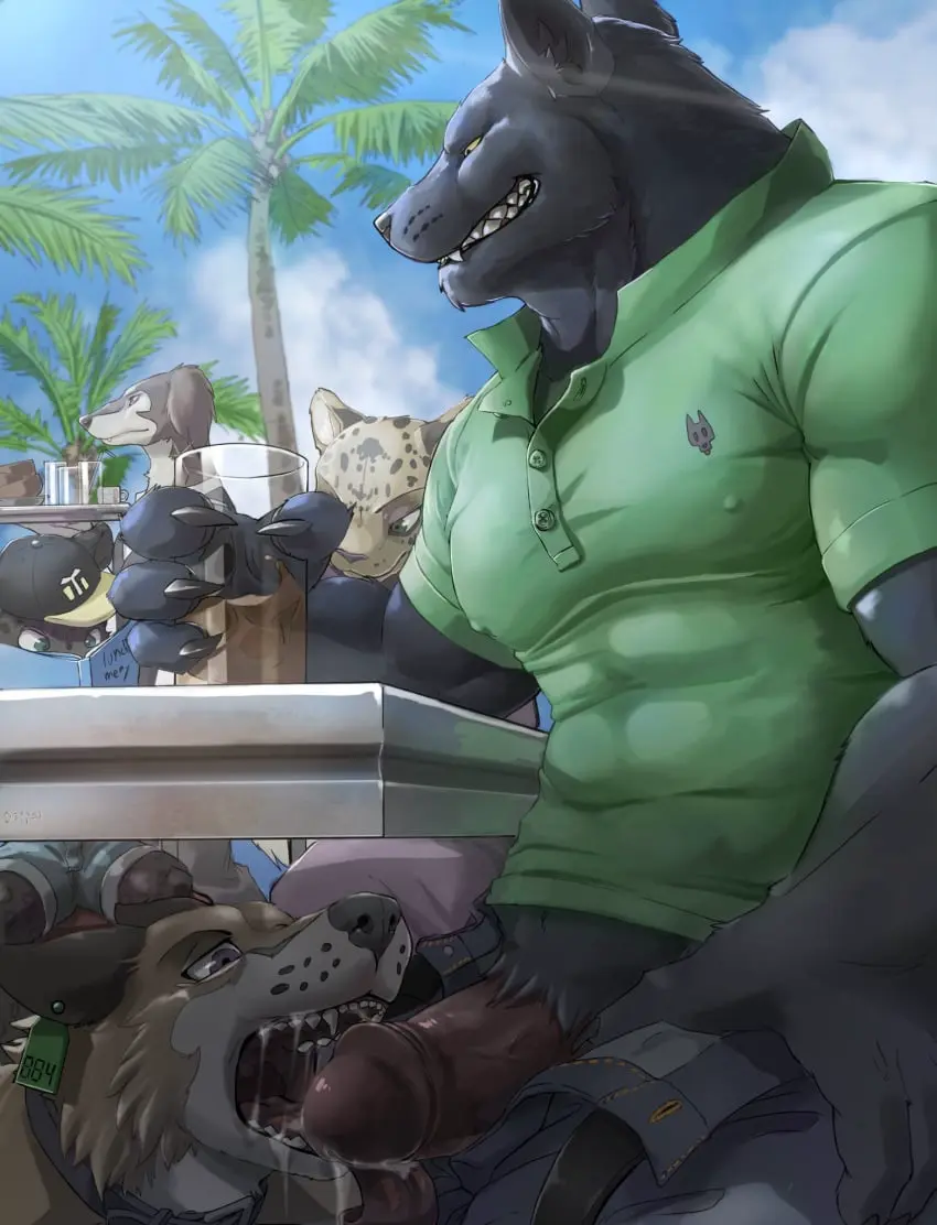 Image clothed,clothing,hi_res,pants,shirt,smile,cum,cum_drip,male,tongue,hat,sex,uncensored,headwear,muscular,muscular_male,sky,digital_media_(artwork),grin,headgear,shaded,teeth,anthro,piercing,green_eyes,sitting,cloud,gay,saliva,2019,genital_fluids,collar,bodily_fluids,canid,canine,canis,domestic_dog,fur,holding_object,mammal,multicolored_body,multicolored_fur,precum,two_tone_body,two_tone_fur,muscular_anthro,black_body,looking_at_another,fangs,ear_piercing,shorts,black_nose,feline,nipple_outline,tree,dripping,4_fingers,fingers,brown_fur,duo_focus,furniture,plant,tuft,topwear,table,brown_body,group,felid,blue_sky,day,t-shirt,blue_pants,black_fur,green_clothing,bottomwear,pink_nose,blue_bottomwear,blue_clothing,blue_shorts,ear_tag,monotone_body,monotone_fur,baseball_cap,facial_tuft,stealth_sex,green_topwear,palm_tree,cheek_tuft,waiter,under_the_table,green_shirt,holding_glass,green_t-shirt,geppei5959,menu,looking_at_menu,two_tone_baseball_cap