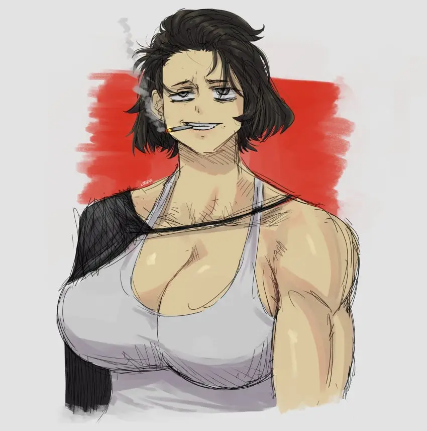 Image 1girls,big_breasts,breasts,female,black_hair,short_hair,muscular,cleavage,smug,muscular_female,black_clover,tank_top,rule_63,cigarette,smoking,genderswap_(mtf),genderswap,yami_sukehiro,limn044