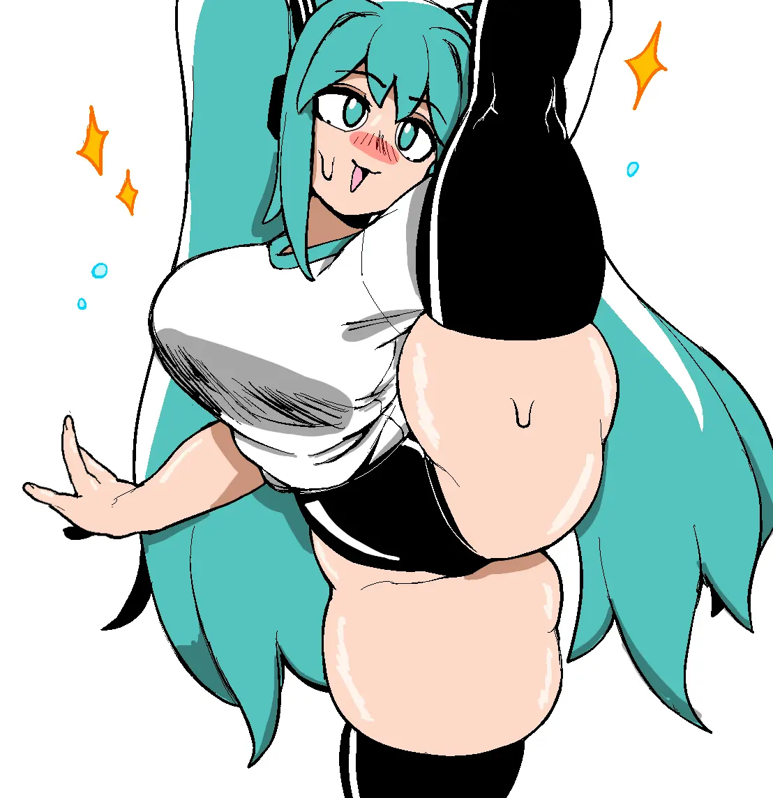 Image big_breasts,breasts,female,blue_eyes,blue_hair,thighhighs,thick_thighs,sportswear,twintails,shorts,hatsune_miku,vocaloid,cyan_hair,dizzyspells